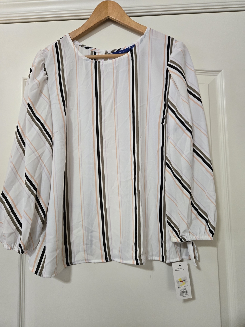 Apt. 9 White Blouse with Black & Tan Vertical Stripes